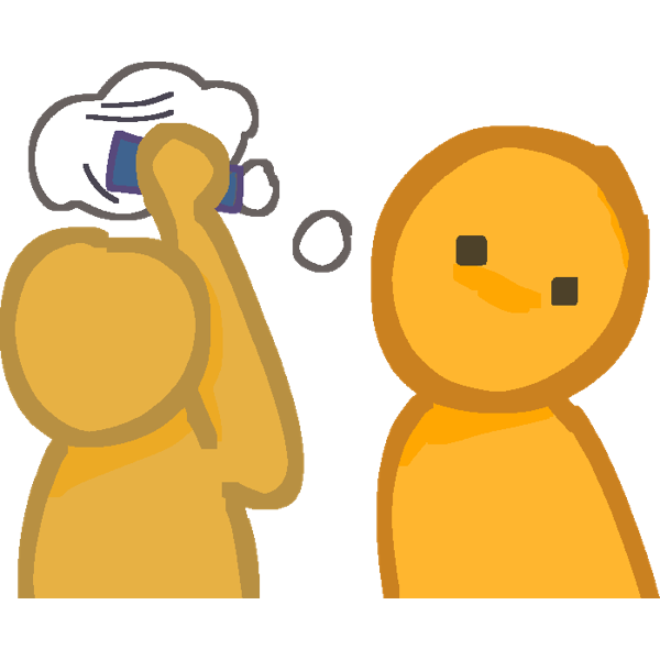 A yellow guy with a thought bubble coming from his head to the left of him. Another yellow guy is wiping the thought bubble with a sponge